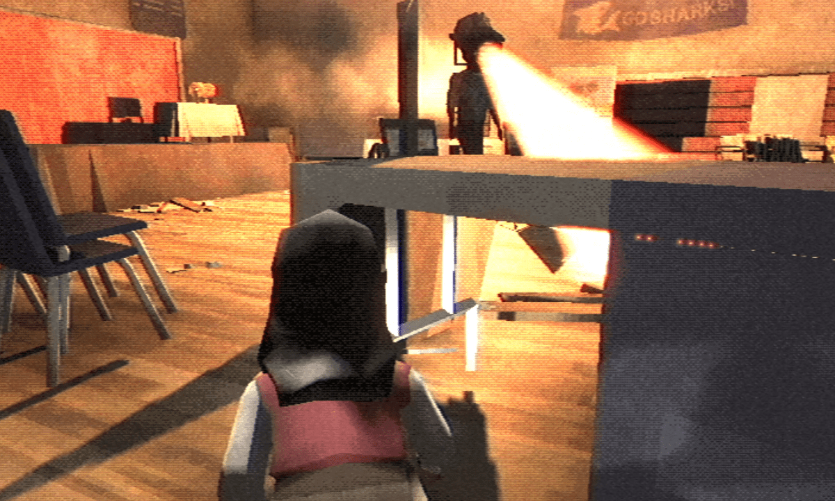 A woman hides from a spotlight-headed creature in Fear the Spotlight.
